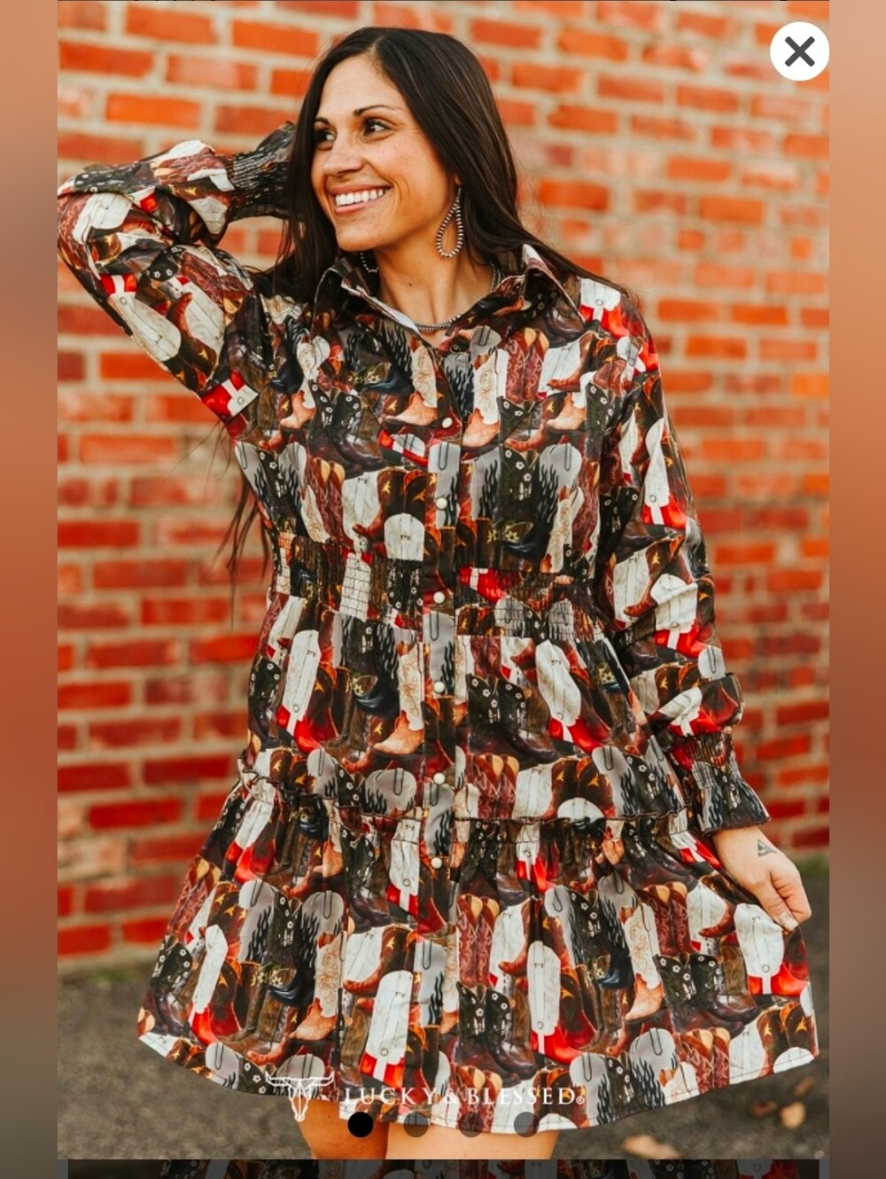 NEW!!! Lucky & Blessed Tiered Long-Sleeve Smocked Waist Cowboy Boot Dress, NWT